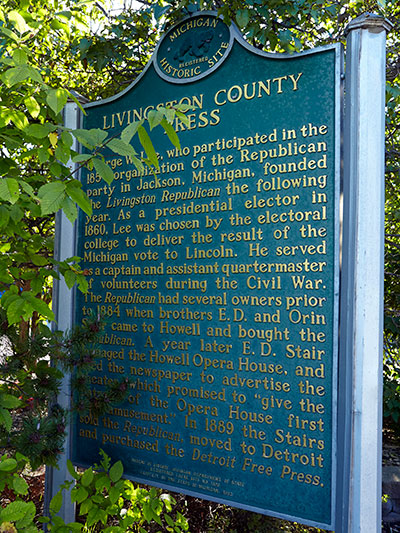 Front of the Livingston County Press state historical marker located in Howell, MI. Image ©2014 Look Around You Ventures, LLC.